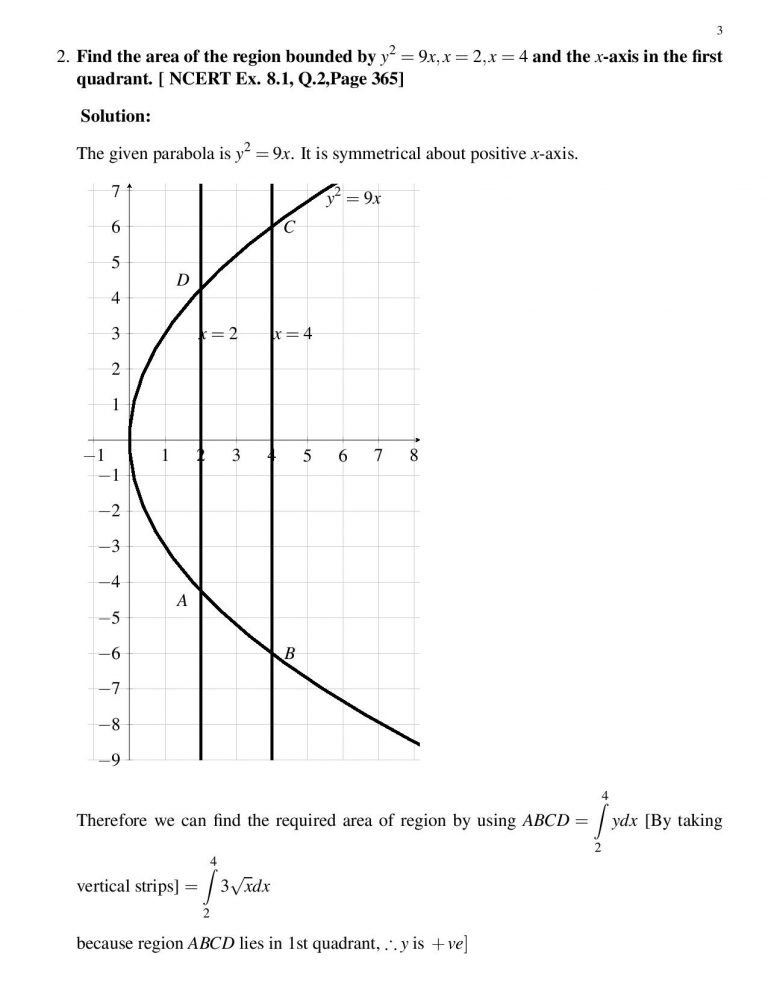 Read more about the article Find the area of the region bounded by y^2 = 9x,x = 2,x = 4 and the x-axis in the first quadrant. [ NCERT Ex. 8.1, Q.2,Page 365]